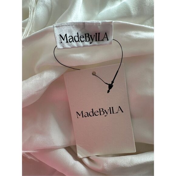 NWT MadeByIla One Shoulder Feather Trim Open Back Silk Emma Gown White $1200 - Picture 15 of 15